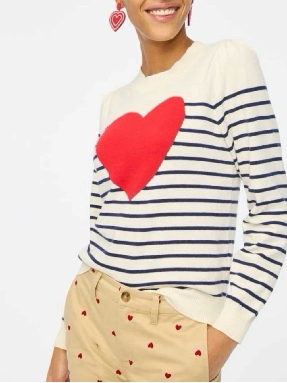 J.Crew Striped Puff-Sleeve Heart Sweater preppy coastal Grandma nautical